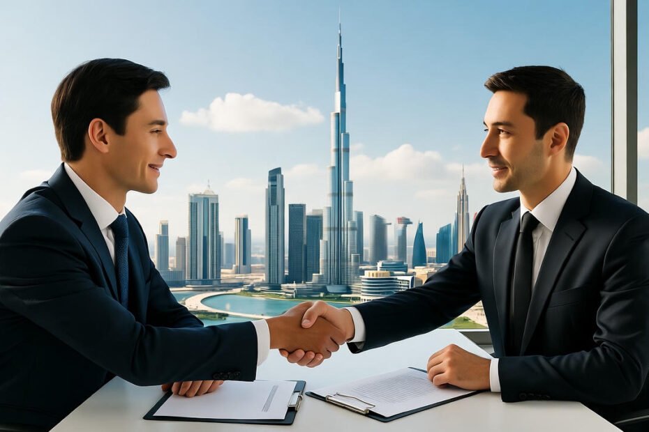 Entrepreneurs discussing company formation plans in Dubai with Burj Khalifa skyline in background