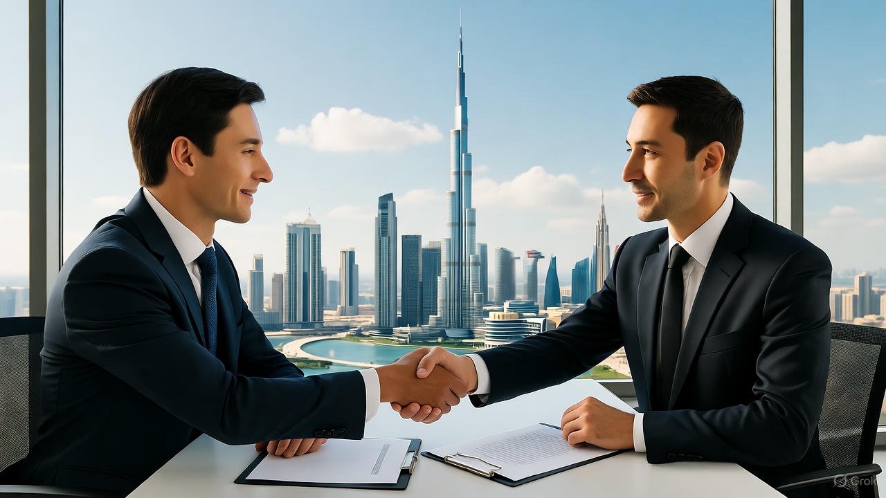 Entrepreneurs discussing company formation plans in Dubai with Burj Khalifa skyline in background