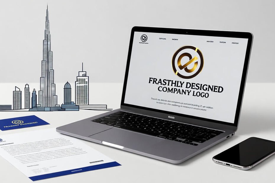 Entrepreneur designing a company logo and website as part of digital business setup in Dubai