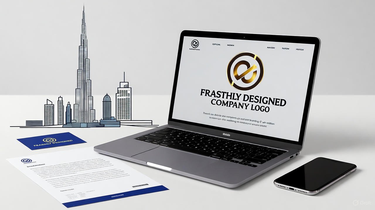 Entrepreneur designing a company logo and website as part of digital business setup in Dubai